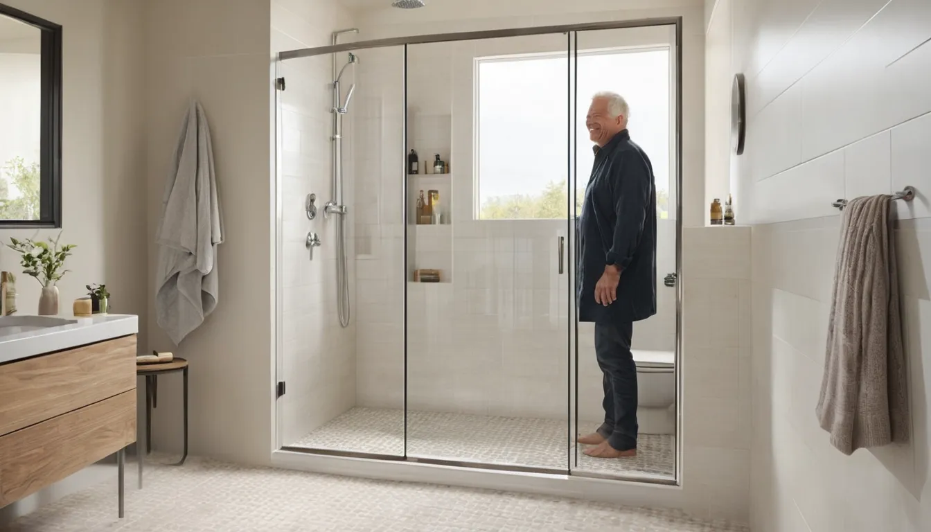 A bright, newly converted walk-in shower with a low threshold and grab bar in a Lovejoy home